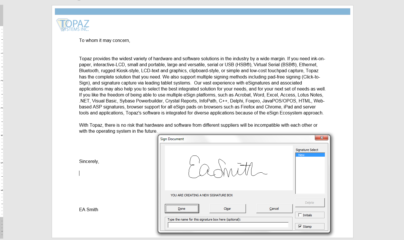 Topaz MS Office Electronic Signature Plug-In
