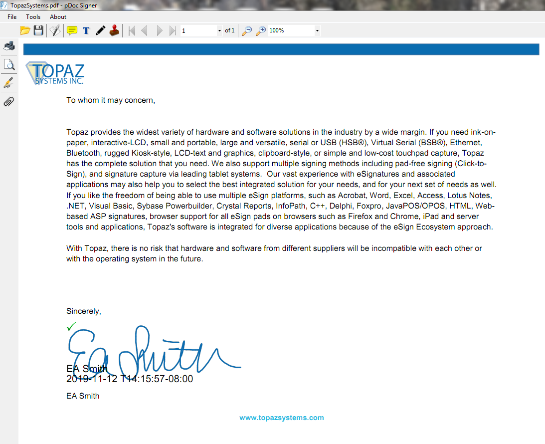 Topaz pDoc Signer Electronic Signature Software